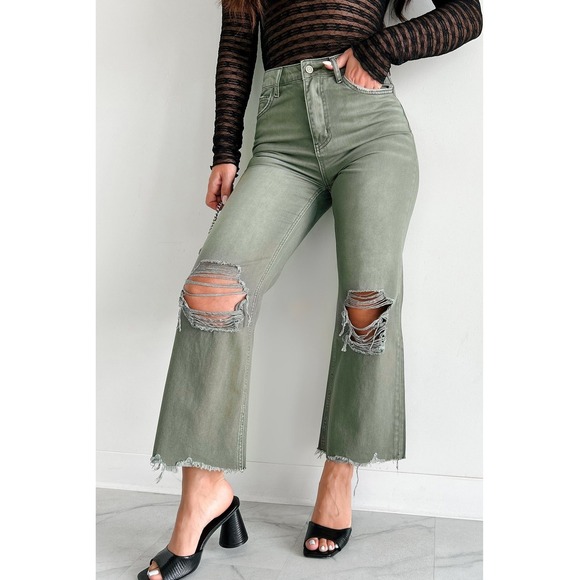Altar'd State Denim - Altard State Jeans Women 29 Olive Green Distressed Wide Leg‎ Crop Pants NWT